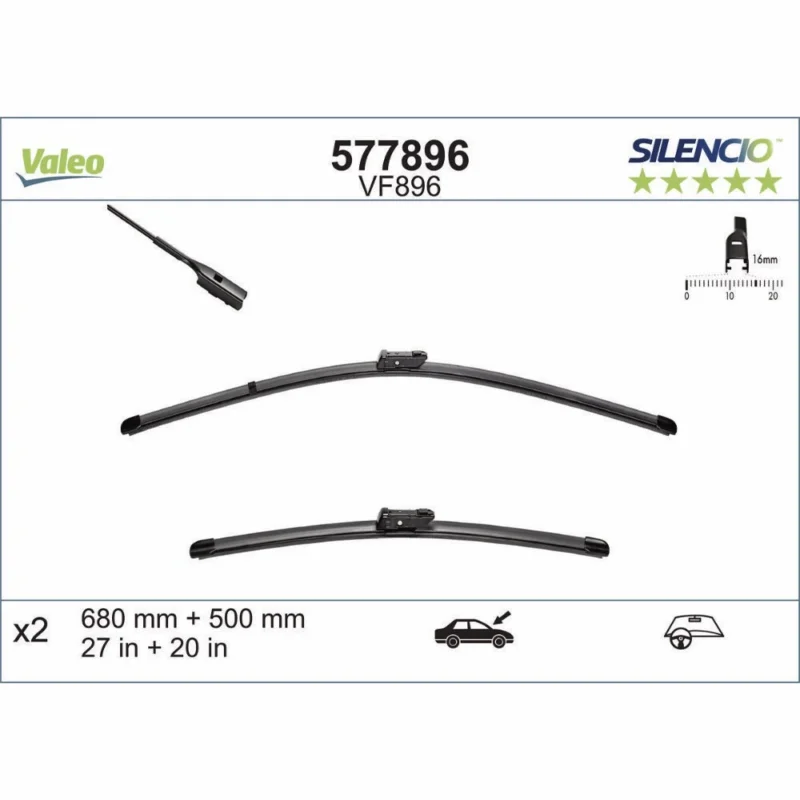 Szybka dostawa Pióra wycieraczek przód Valeo Silencio Flat do Audi Q7 4M SUV bez zintegrowanych dysz spryskiwaczy 2015- - 680 mm & 500 mm (2 szt)