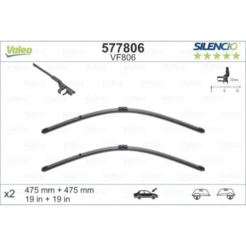 Pióra wycieraczek przód Valeo Silencio Flat do VW Lupo hatchback 06.2003-07.2005 polaczenie boczne 2003-2005 - 475 mm & 475 mm (2 szt) Premium
