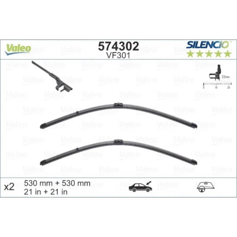 Pióra wycieraczek przód Valeo Silencio Flat do VW Passat B5 sedan 11.2001-02.2005 polaczenie boczne 2001-2005 - 530 mm & 530 mm (2 szt) Rabat