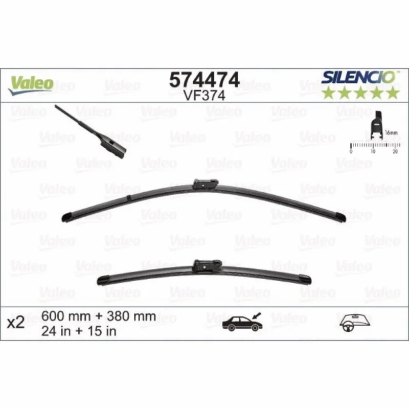 Do wyczerpania zapasów Pióra wycieraczek przód Valeo Silencio Flat do Citroen DS4 2 hatchback 2021- - 600 mm & 380 mm (2 szt)